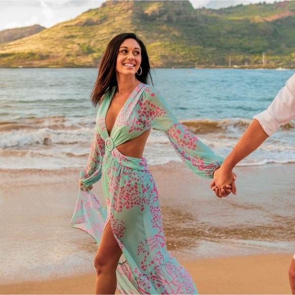 Teal Maxi Dress with Coral Floral Design - Picture 5 of 9